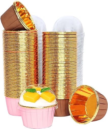Photo 1 of 100 PCS Mini Cupcake Liners with Lids (Pink and Brown), 3.5oz Foil Cupcake Liners, Disposable Foil Baking Cups for Baking
