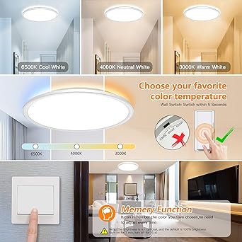 Photo 1 of 12Inch Led Flush Mount Ceiling Light,28W 3200LM Dimmable Light Fixture,Wall Switch Control 3000K/4000K/6500K Super Bright Ultra Thin Ceiling Light for Kitchen Living Room 