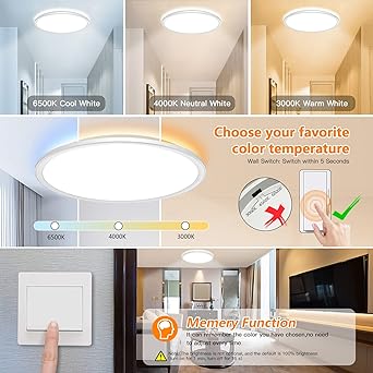 Photo 1 of 12Inch Led Flush Mount Ceiling Light,28W 3200LM Dimmable Light Fixture,Wall Switch Control 3000K/4000K/6500K Super Bright Ultra Thin Ceiling Light for Kitchen Living Room
