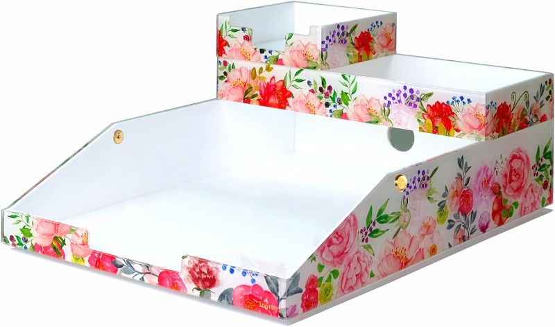 Photo 1 of Floral Acrylic Letter Tray Pen Tray and Sticky Note Tray Set?Stackable?A4 Size Table Organizer Set Hand-Drawn Floral Design
