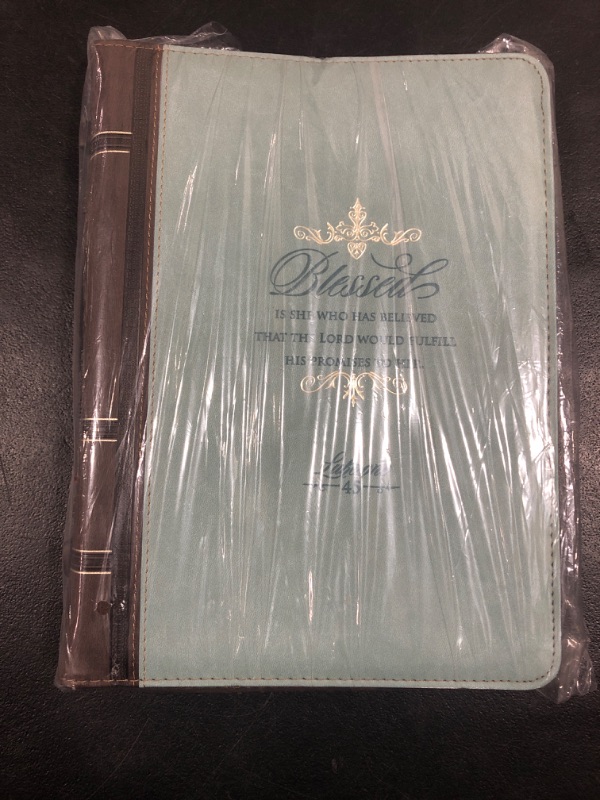 Photo 1 of Christian Art Gifts Women's Fashion Bible Cover Blessed is She Luke 1:45, Light Blue Faux Leather, Extra Large