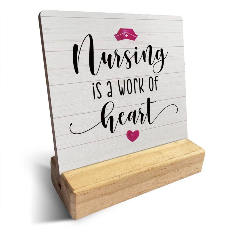 Photo 1 of Country Nursing is a Work of Heart Wooden Plaque Sign Desk Decor Rustic Paramedic Desk Sign Decor for Home Office 4 x 4 Inches