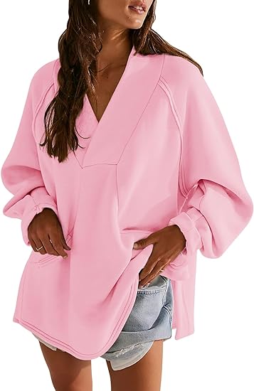 Photo 1 of [Size XL] Fisoew Women's Oversized Sweatshirt Long Sleeve Fleece Fall Casual V Neck Side Split Pullover Tops With Pockets Pink 