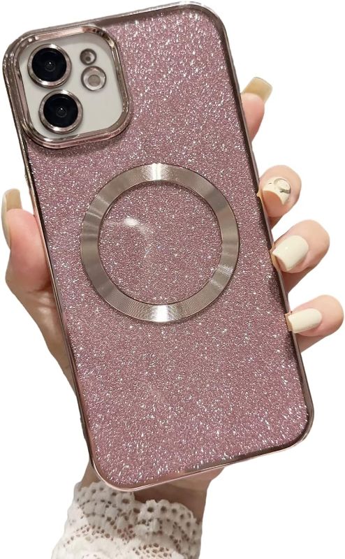 Photo 1 of Eiyikof Compatible with iPhone 12 6.1" Magnetic Case [Compatible with MagSafe] with Camera Lens Protector, Luxury Plating Cute Glitter Bling Clear Case for Women Girls Soft TPU Cover-Pink 