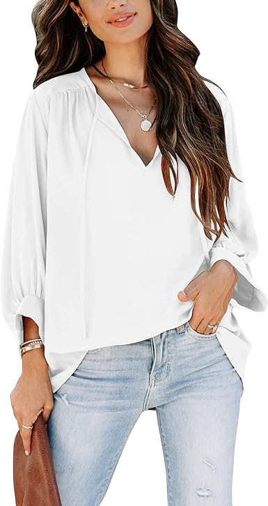 Photo 1 of [Size M] Uincloset Women's Flowy Split V Neck Chiffon Blouses 3/4 Sleeve Drawstring Office Shirts Casual Cute Loose Fit Tops- Lavendar