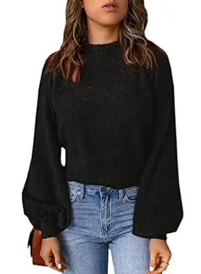 Photo 1 of [Size 2XL] SHEWIN Sweaters for Women Trendy 2023 Crewneck Lantern Sleeve Casual Solid Color Soft Knit Pullover Sweater Jumper Tops Black 2XL
