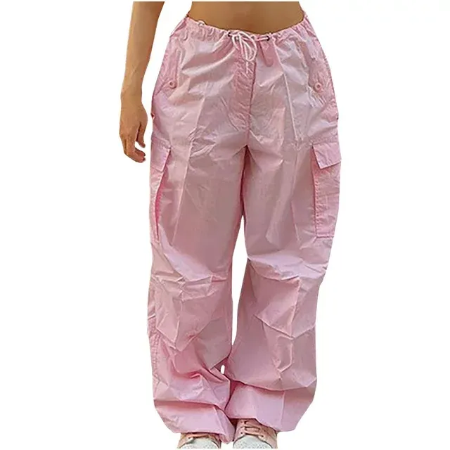 Photo 1 of [Size M] SySea Women's Parachute Pants High Waisted Drawstring Cargo Pants Trendy Y2K Trousers with Pockets Medium Pink