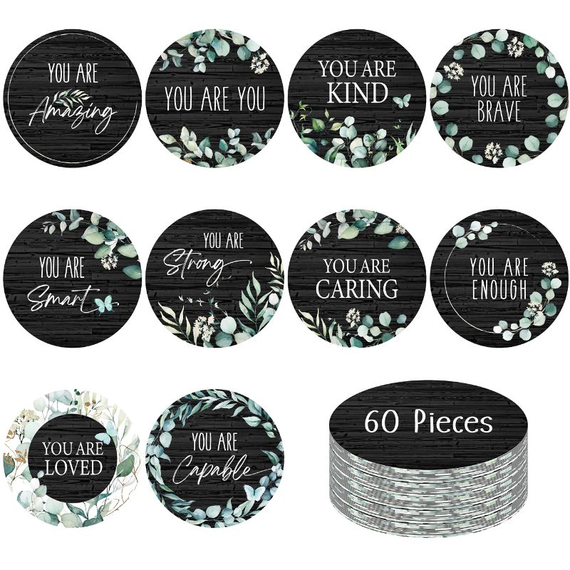 Photo 1 of 60PCS Round Bulletin Board Decor, 10 Designs Inspirational Wall Decorative Sign Positive Word Cards Modern Farmhouse Accents Set for Middle High School Classroom Home Teachers Students (5.5” Each)