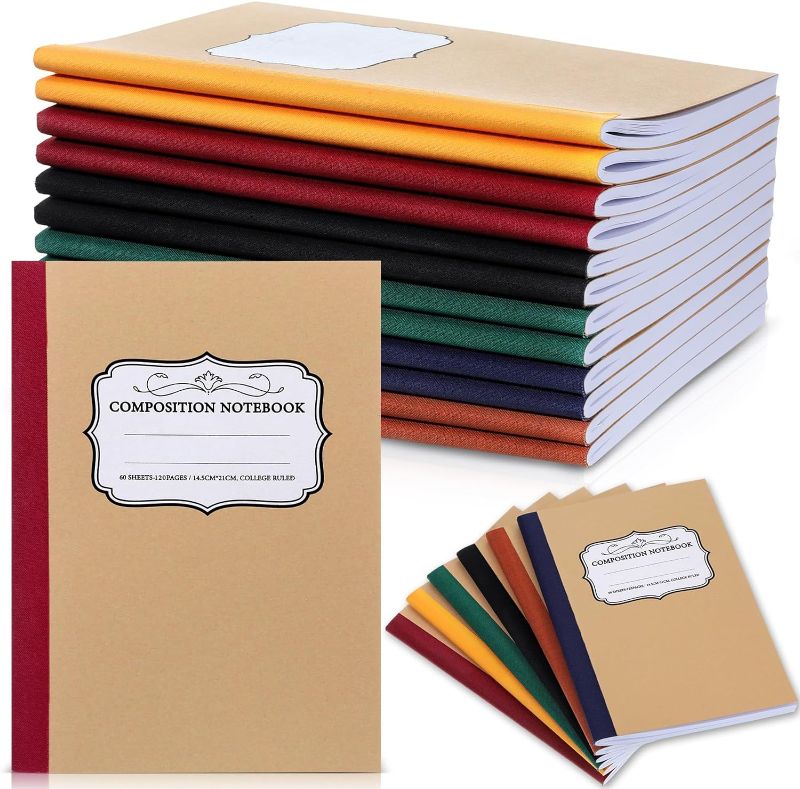 Photo 1 of Yeaqee 12 Pcs Composition Notebooks Bulk Kraft Notebooks Composition Travel Journals with Rainbow Spines, College Ruled Lined Paper for School Office Supplies, 60 Sheets, 5.71 x 7.87 Inch, 6 Colors