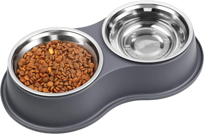 Photo 1 of  Dog Bowl Double Dog Cat Bowl Premium Stainless Steel Water and Food Raised Bowls, Pet Feeder Bowls Set with Non-Slip Resin Station for Small Medium Dogs Cats?Grey