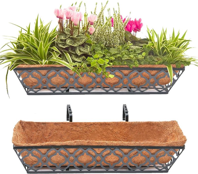 Photo 1 of 24 Inch Window Deck with Coco Liner, 24" Window Boxes Horse Trough with Coconut Coir Liner, Black Metal Hanging Flower Planter Basket Railing Planter for Outdoor Indoor Lawn - 2 Pack