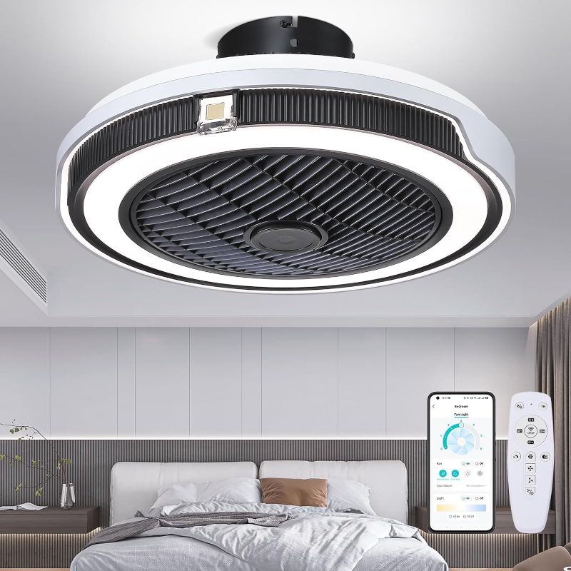 Photo 1 of 20" Modern Enclosed Ceiling Fans with Lights and Remote Control, Low Profile Flush Mount Enclosed Ceiling Fan, 3 Colors 3 Speeds Dimmable, Memory Function for Bedroom Kitchen Living Room