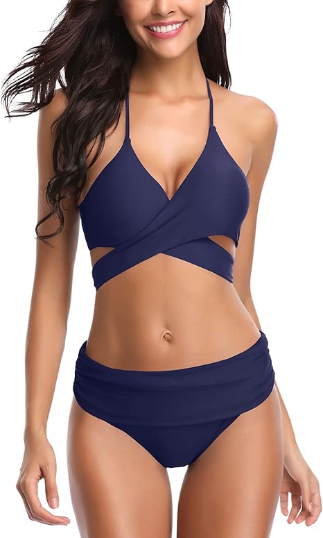 Photo 1 of [Size XL] SHEKINI Women Push Up Bikini Wrap Halter Bandage Swimwear Ruched 2 Piece Swimsuit X-Large- Navy
