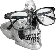 Photo 1 of 2 Pcs Skull Glasses Stand Holder Creative Eyeglasses Holder Resin Statue Ornament, Sunglasses Spectacle Display Rack Key Holder Skull Sculptures for Home Living Room Desk Halloween Decoration (sliver )