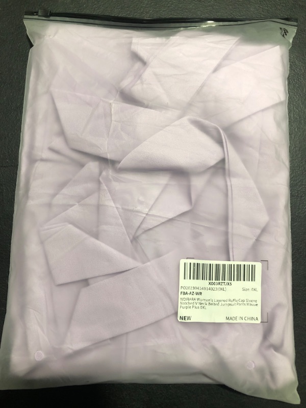 Photo 2 of [Size XL] WDIRARA Women's Layered Ruffle Cap Sleeve Notched V Neck Belted Jumpsuit Pants X-Large Plus Mauve Purple Plus