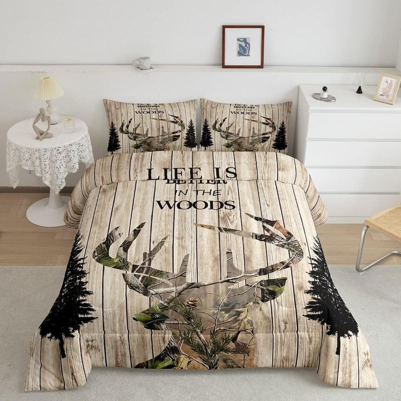Photo 1 of [Size Twin] Deer Silhouette Comforter Deer Antlers Bedding Set Rustic Wooden Plank Comforter Set for Boys Girls Kids Farmhouse Decor Trees Branches Leaves Quilt for All Season Twin Size Boys