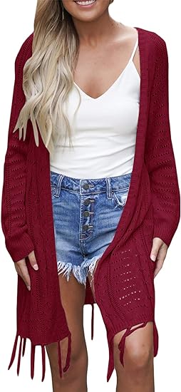 Photo 1 of [Size M/L] Cardigan for Women 2023 Lightweight Knit Open Front Hollow Out Crochet Tassel Kimonos Long Sleeve Fall Loose Sweater Cover Up
