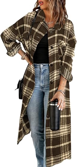 Photo 1 of [Size S] SHEWIN Women's Casual Lapel Button Down Long Plaid Shirts Coat Tartan Shacket Jacket