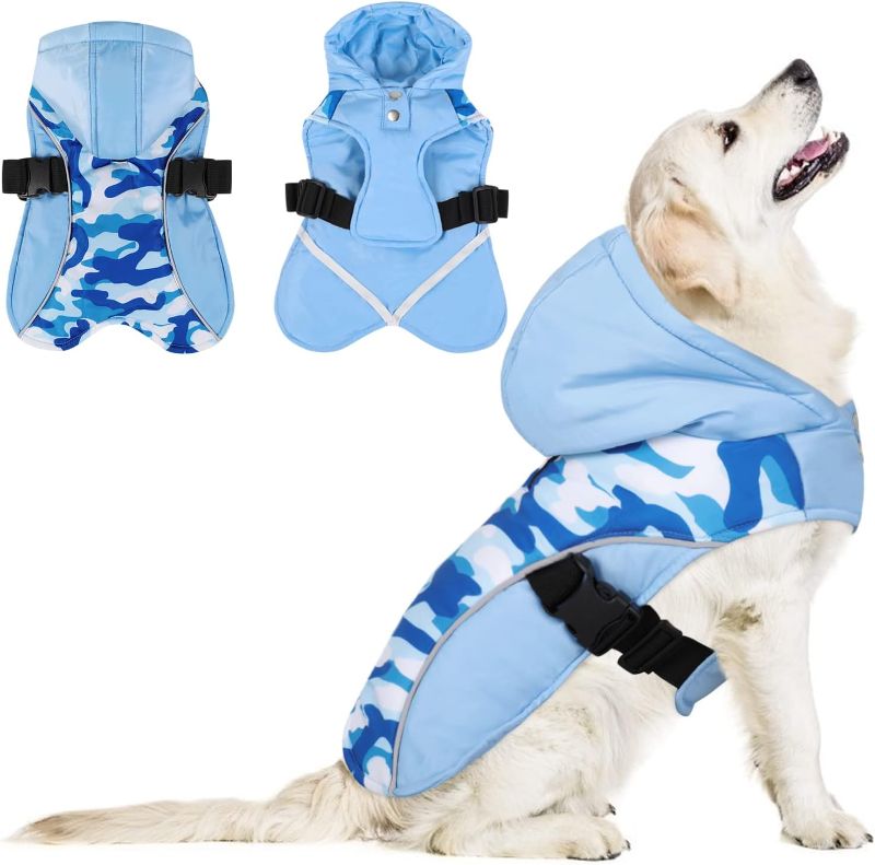 Photo 1 of [Size L] KOESON Dog Winter Coat, Warm Dog Jacket with Hood Windproof Camo Dog Coats with Harness Hole, Reflective Dog Snowsuit Waterproof Puppy Puffer Jackets for Small Medium Large Dogs Blue Camo L 