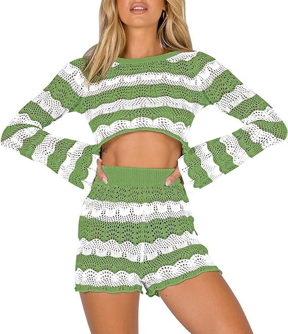 Photo 1 of [Size XL] AOHITE Women's 2 Piece Hollow Out Knit Sweatsuit Set Long Sleeve Crop Top And High Waist Shorts Tracksuit Lounge Sets 