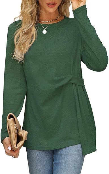 Photo 1 of [Size M] Beimuc Long Sleeve Shirts for Women Fall Fashion 2023 Fashionable Waist Pleats Design Round Neck Long Tunic Tops