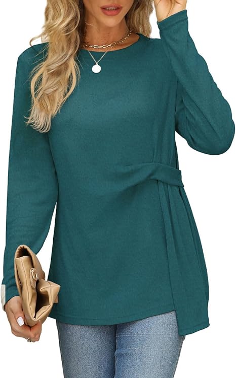 Photo 1 of [Size L] Beimuc Long Sleeve Shirts for Women Fall Fashion 2023 Fashionable Waist Pleats Design Round Neck Long Tunic Tops Apricot Small