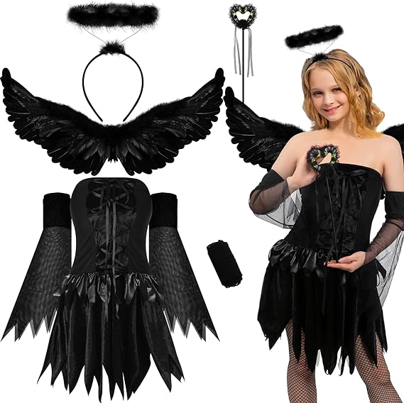 Photo 1 of 5 Pcs Halloween Angel Costume for Girls Angel Dress Feathered Wings Fishnet Tights Headband Wand for 4-6 Years Kids Cosplay 
