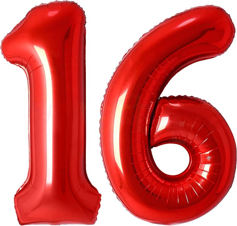 Photo 1 of 16 Balloons Number Red Big Giant Jumbo Number 16 Foil Mylar Balloons for Sweet 16th Birthday Party Supplies 16 Anniversary Events Decorations
