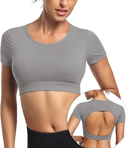 Photo 1 of [Size L] TSUTAYA Women Workout Crop Tops Backless Padded Seamless Yoga Shirts Slim Athletic Gym Tee Shirts with Removable Pads