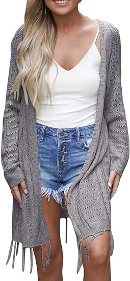 Photo 1 of Cardigan for Women 2023 Lightweight Knit Open Front Hollow Out Crochet Tassel Kimonos Long Sleeve Fall Loose Sweater Cover Up  Size L