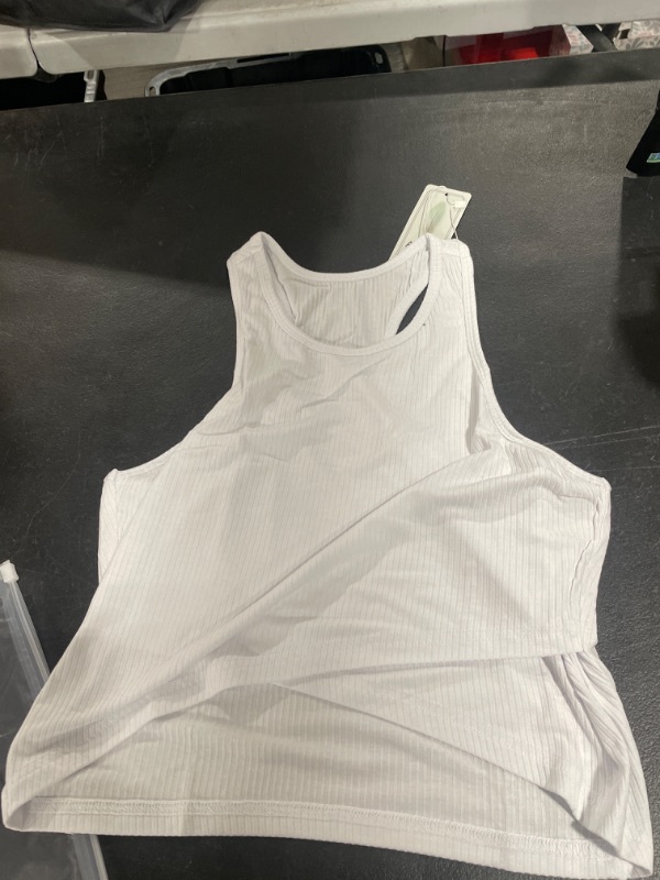 Photo 2 of Aeuui Workout Crop Tops for Women Cropped Ribbed Tank Tops Sleeveless Cross Hem Yoga Athletic Running Shirts White Medium