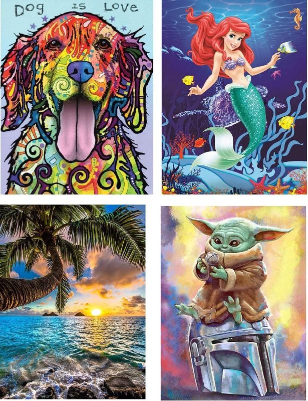 Photo 2 of 4 Pack Large Size DIY 5D Diamond Painting Kits Packaged in a Gift Box, Full Round Drill Diamond Arts - Dog is Love, Mermaid, Hawaii’s Sunrise, Baby Yoda 