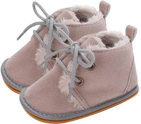 Photo 1 of Baby Booties Infant Newborn Lace Up Shoes with Fleece Cozy Fur Lining, 0-18Months Winter Warm Ankle Booties Non-Slip First Walking Crib Shoes Baby Boys Girls Prewalker 