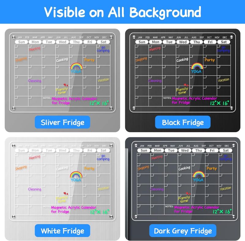 Photo 3 of Acrylic Magnetic Calendar for Fridge Calendar Board, Clear Acrylic Fridge Calendar Magnetic Monthly White Board, Planning Board w/ 8 Markers & Holder, (Calendar+Black Memo) 16x12'' 