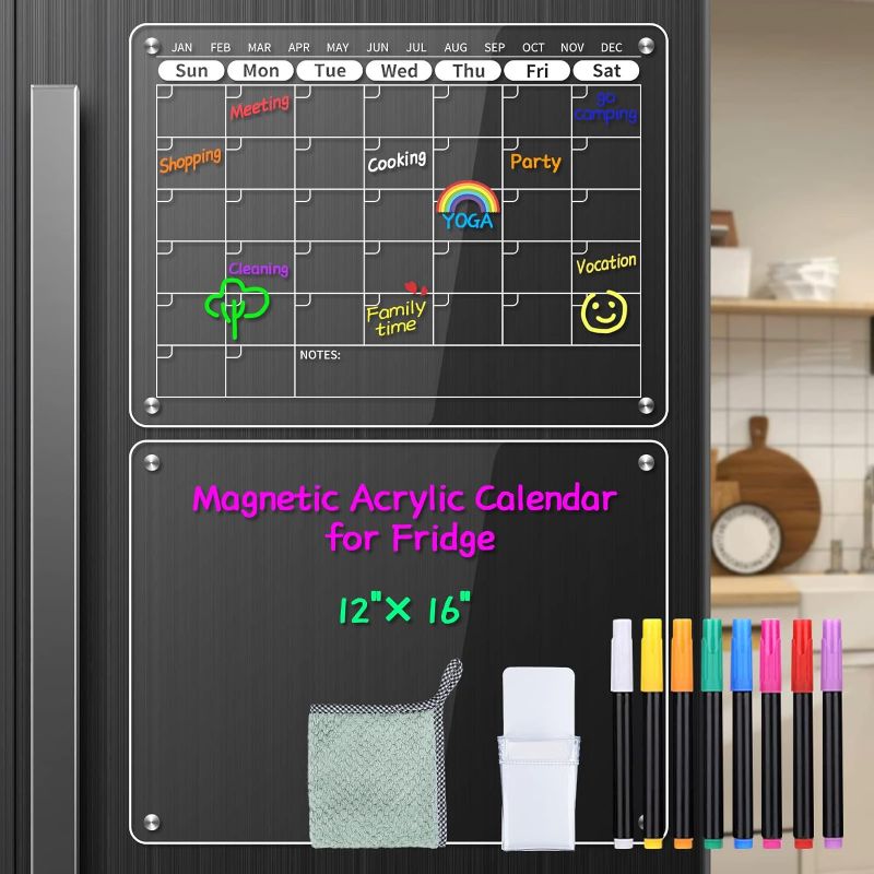 Photo 1 of Acrylic Magnetic Calendar for Fridge Calendar Board, Clear Acrylic Fridge Calendar Magnetic Monthly White Board, Planning Board w/ 8 Markers & Holder, (Calendar+Black Memo) 16x12'' 