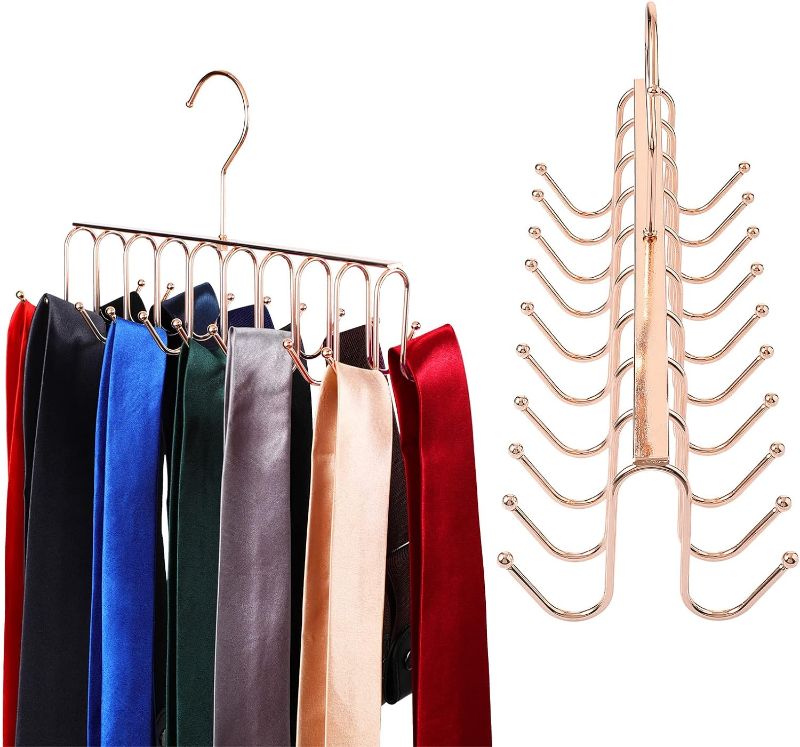Photo 1 of Belt Tie Rack Hanger Removable Metal Hanger with Hooks Shawls Belt Towels Holder Organizer Storage Rack Space Saving, 20 Hooks, 12 x 4 x 3 Inch (Rose Gold, 1)