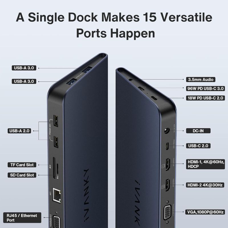 Photo 4 of MacBook Pro Docking Station with 100W Power Adapter, iVANKY 15 in 1 Triple Display USB C Universal Docking Station for MacBook M1/M2 Dual 4K Thunderbolt 3/4 Displaylink Dock 2HDMI VGA 15-in-1