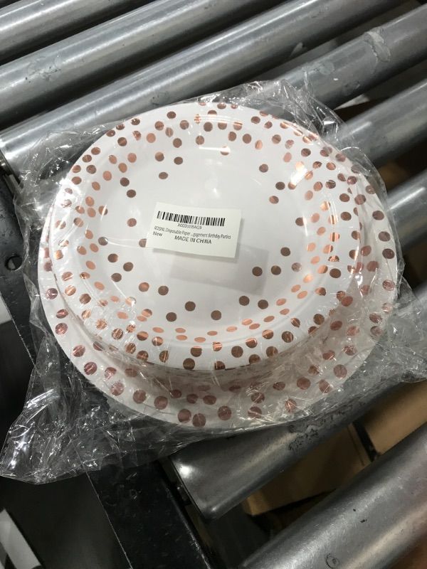 Photo 2 of 100 Pack Disposable Paper Plates White and Rose Gold Dots Paper Plates 50 x 9" and 50 x 7" Dinner Plates, Foil Polka Dots Paper Plates for Wedding Bridal Shower Engagement Birthday Parties Rose Gold & White 50 x 9" & 50 x 7"