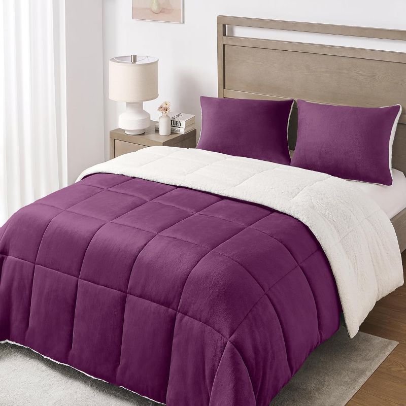 Photo 1 of Basic Beyond Queen Comforter Set - Luxury Fleece Sherpa Comforter Sets for Queen Bed, Soft and Warm Queen Size Bedding Comforter Set for Winter, Purple, 88"x88"
