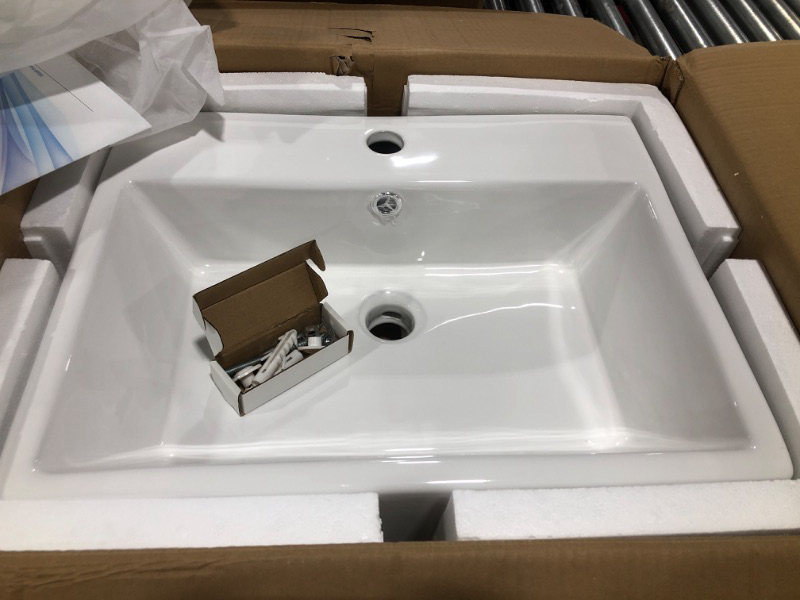 Photo 2 of Wall Mounted Bathroom Vessel Sink 20''x18'' - Beslend Rectangle White Porcelain Ceramic Vessel Sink Washing Art Basin with Faucet Hole and Overflow 20"x18" White-Faucet Hole