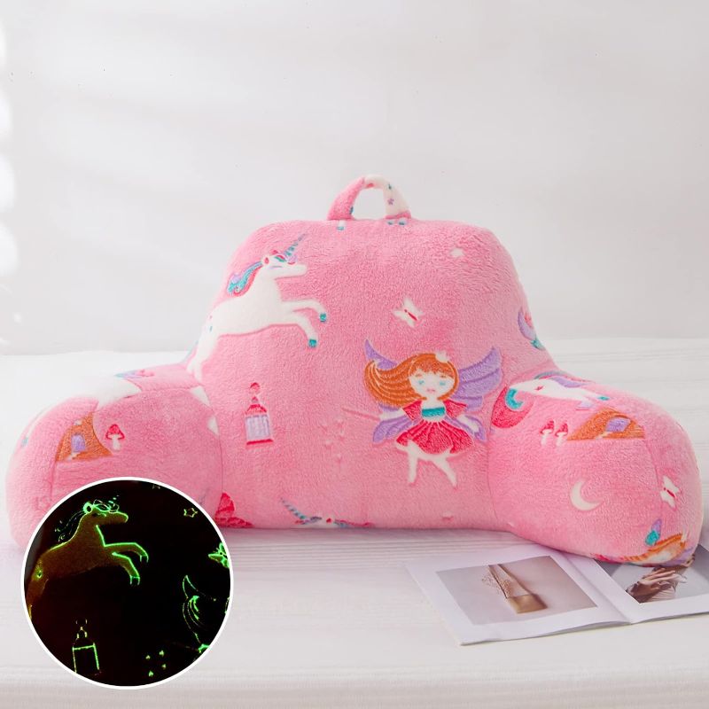 Photo 1 of A Nice Night Unicorn Plush Reading Pillow Glow in The Dark Pink Bed Wedge Children Backrest with Arms Back Support for Sitting Up in Bed/Couch for Bedrest
