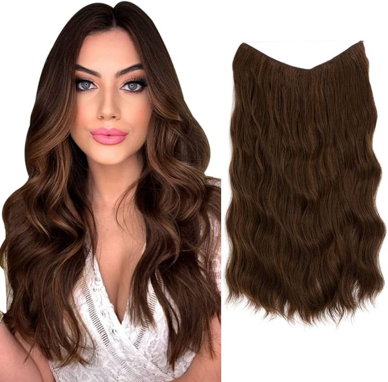 Photo 1 of 2 PACK SARLA Invisible Wire Hair Extension with Clips Light Brown Long Synthetic Beach Wave Clip in Hairpiece for Women 20 Inch Size Adjustable