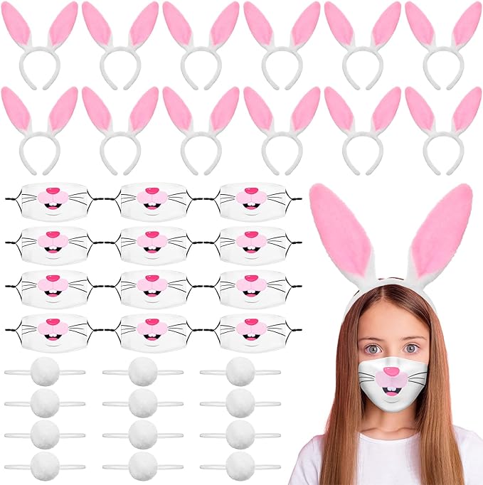 Photo 1 of 36 Pcs Bunny Costume Accessories Set for Halloween, Include Rabbit Bunny Ears Headband, Tail and Rabbit Face Masks for Kids Halloween Cosplay Party Dress up
