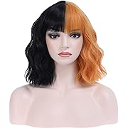 Photo 1 of BERON Black and Orange Short Wigs Curly Bob Wig with Bangs Wavy Hair Wigs Two Tone Women's Synthetic Wigs Daily Party Use
