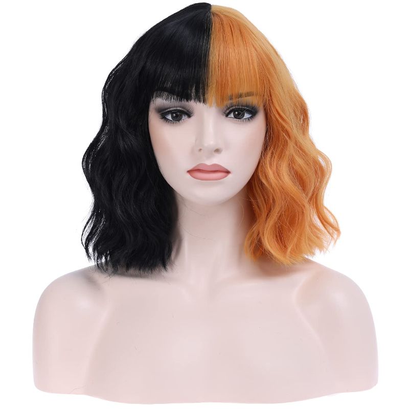 Photo 1 of BERON Black and Orange Short Wigs Curly Bob Wig with Bangs Wavy Hair Wigs Two Tone Women's Synthetic Wigs Daily Party Use
