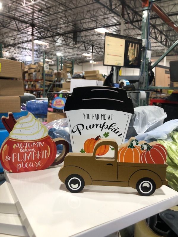 Photo 1 of 3 Pieces Fall Wooden Signs Tiered Tray Decor Fall Harvest Tabletop Signs Thanksgiving Pumpkin Decor Welcome Hello Fall Decor Autumn Wooden Block Sign Fall Decoration for Home Party (Chic Style)