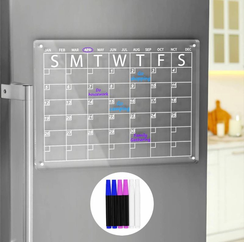 Photo 1 of Acrylic Magnetic Dry Erase Calendar Board for Fridge, 16"x12" Inches, Clear Dry Erase Calendar for Refrigerator Includes 6 Dry Erase Markers with 3 Colors
