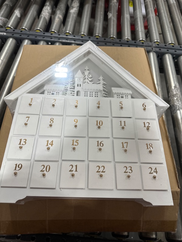Photo 2 of Pioneer Effort Christmas White Wooden Advent Calendar House with 24 Drawers and Led Lights Reusable Countdown Advent Calendars with Village/Forrest Scene to Christmas Decoration 16x18x2.7Inch
