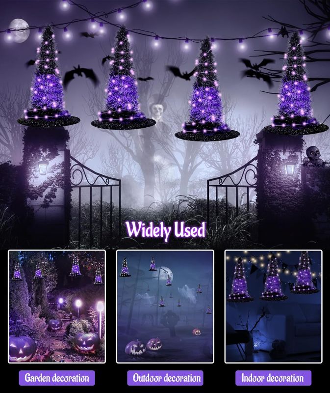 Photo 1 of 2Pcs LED Halloween Witch Hats with 197" Light Band, DIY Wizard Hat, Outdoor Hanging Decoration for Halloween, Waterproof for Home Porch Yard Garden Indoor Decor (Purple)
