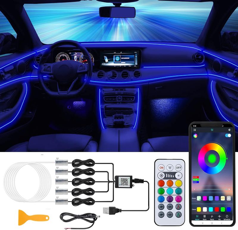 Photo 1 of Akarado Interior Car LED Strip Lights with Wireless APP and Remote Control, RGB 5 in 1 Ambient Lighting Kits with 236 inches Fiber Optic, 16 Million Colors Car Neon Lights, EL Wire Lights
